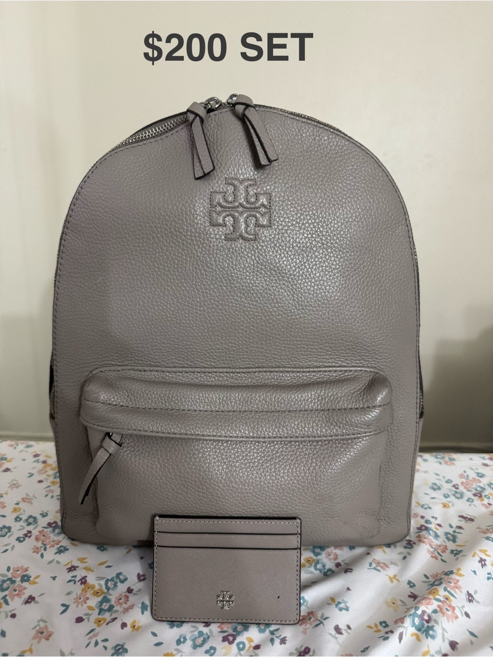 Tory Burch Taupe Pebbled Leather Backpack with Card Case